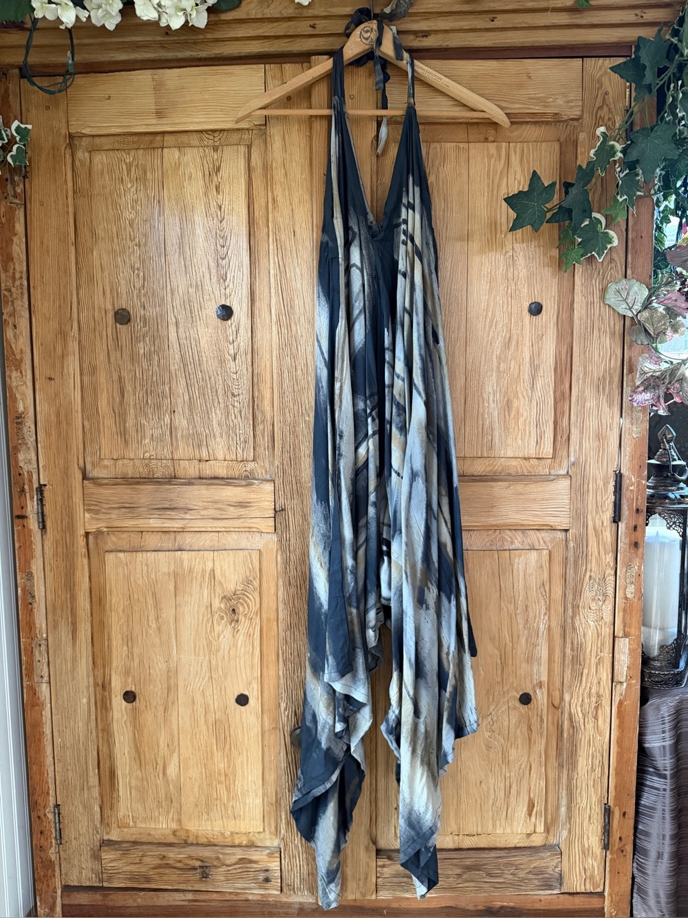 Tie-Dye Halter Harem Romper Jumpsuit in Grey and Cream One size fits all NWOT